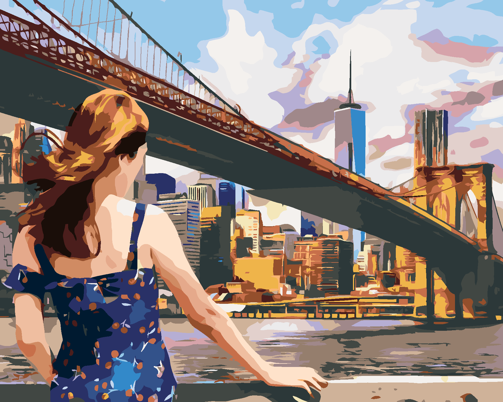 Malování podle čísel - ŽENA U BROOKLYN BRIDGE V NEW YORKU Rozměr: 40x50 cm, Rámování: bez rámu a bez vypnutí plátna