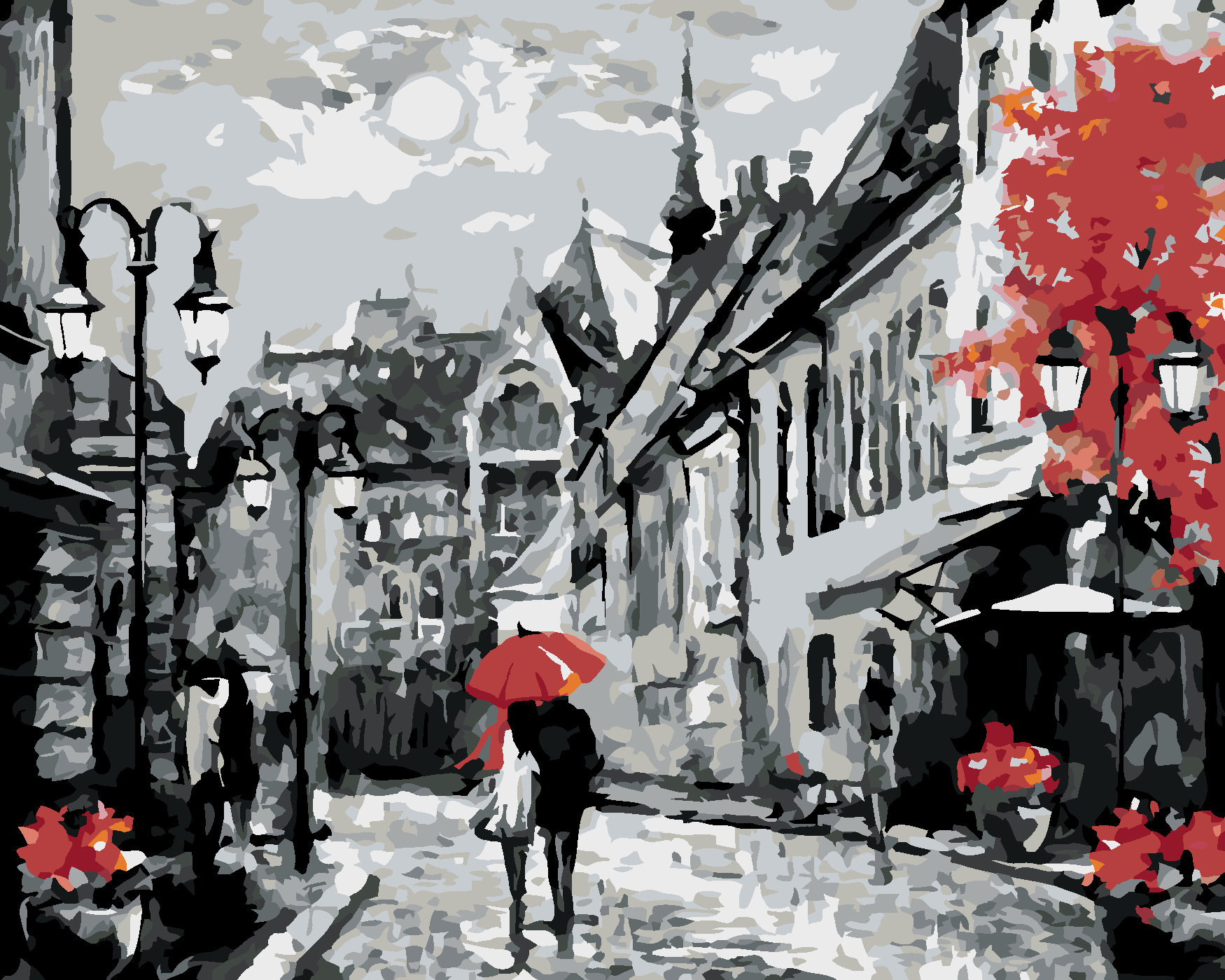 Malování podle čísel - LIDÉ POD DEŠTNÍKEM V BUDAPEŠTI Rozměr: 80x100 cm, Rámování: bez rámu a bez vypnutí plátna