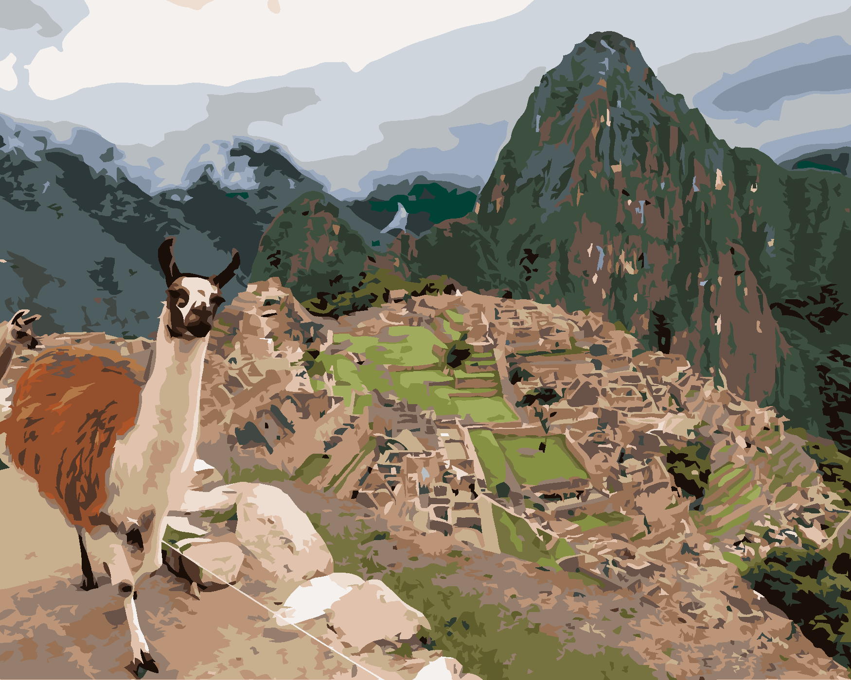 Malování podle čísel - LAMA A MACHU PICCHU Rozměr: 80x100 cm, Rámování: vypnuté plátno na rám