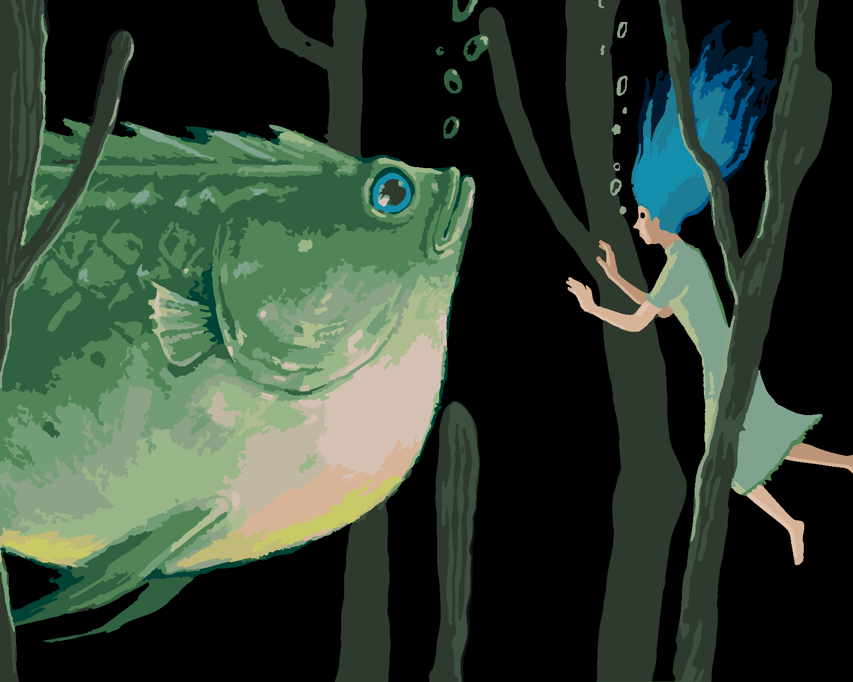 Malování podle čísel - OBŘÍ ZELENÁ RYBA SE ŽENOU Rozměr: 40x50 cm, Rámování: bez rámu a bez vypnutí plátna