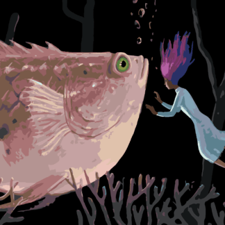 Malování podle čísel - ŽENA S OBŘÍ RŮŽOVOU RYBOU Rozměr: 80x100 cm, Rámování: bez rámu a bez vypnutí plátna