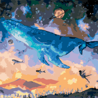 Malování podle čísel - VELRYBA POTÁPĚJÍCÍ SE DO FANTASY VESMÍRU Rozměr: 40x50 cm, Rámování: vypnuté plátno na rám