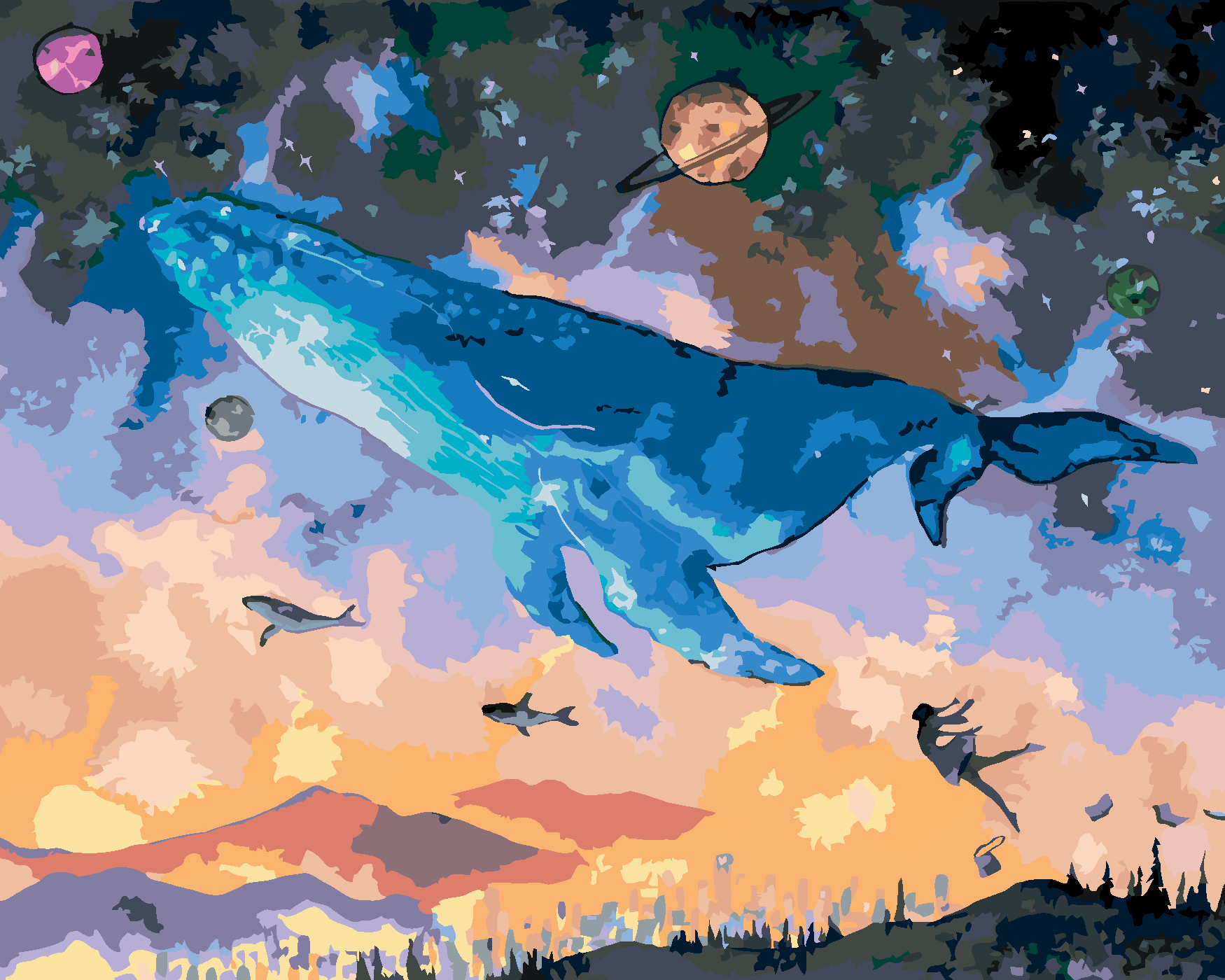 Malování podle čísel - VELRYBA POTÁPĚJÍCÍ SE DO FANTASY VESMÍRU Rozměr: 40x50 cm, Rámování: vypnuté plátno na rám