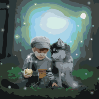 Malování podle čísel - HUSKY A CHLAPEČEK V LESE Rozměr: 40x50 cm, Rámování: bez rámu a bez vypnutí plátna