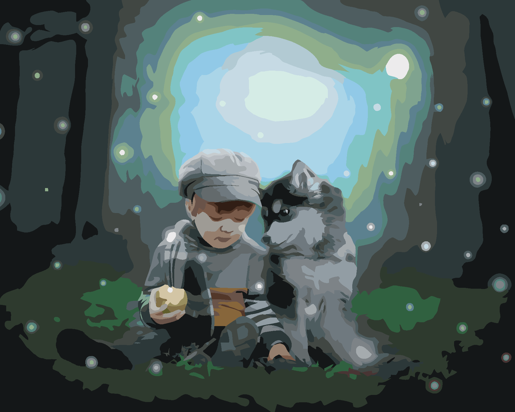 Malování podle čísel - HUSKY A CHLAPEČEK V LESE Rozměr: 40x50 cm, Rámování: bez rámu a bez vypnutí plátna