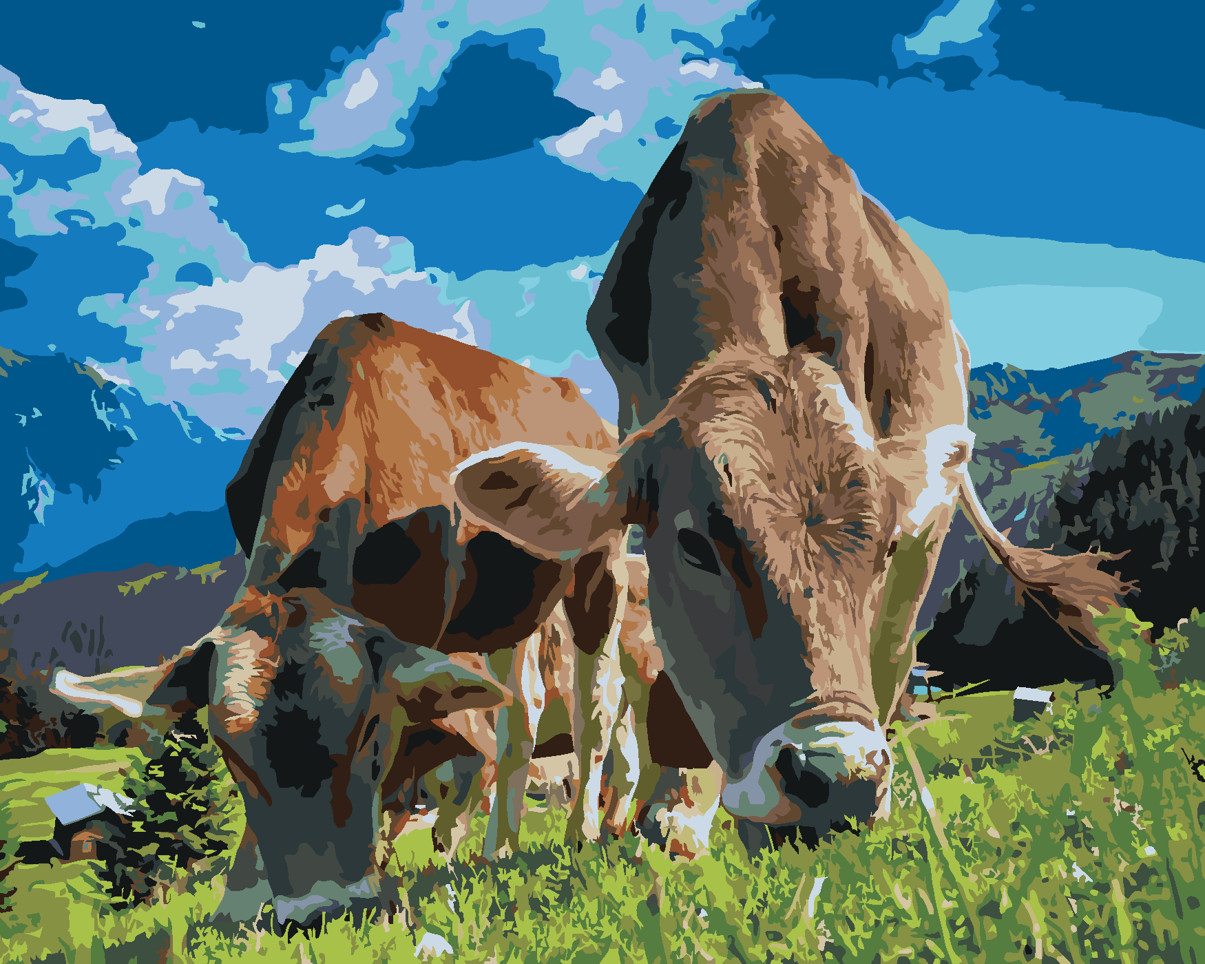 Malování podle čísel - KRÁVY V HORÁCH Rozměr: 80x100 cm, Rámování: vypnuté plátno na rám