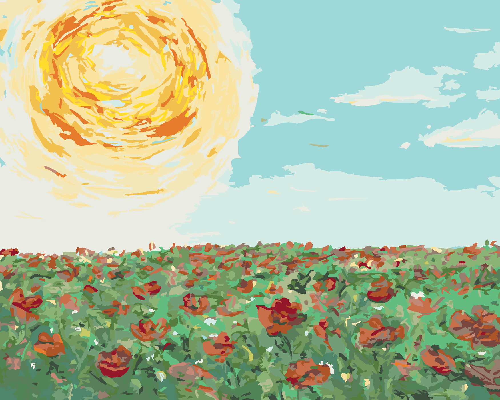 Malování podle čísel - SLUNCE NAD MAKOVÝM POLEM Rozměr: 40x50 cm, Rámování: vypnuté plátno na rám