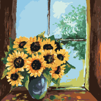 Malování podle čísel - SLUNEČNICE VE VÁZE U OKNA Rozměr: 40x50 cm, Rámování: bez rámu a bez vypnutí plátna