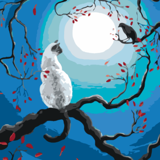 Malování podle čísel - BÍLÁ KOČKA A VRÁNA PŘI ÚPLŇKU Rozměr: 40x50 cm, Rámování: bez rámu a bez vypnutí plátna
