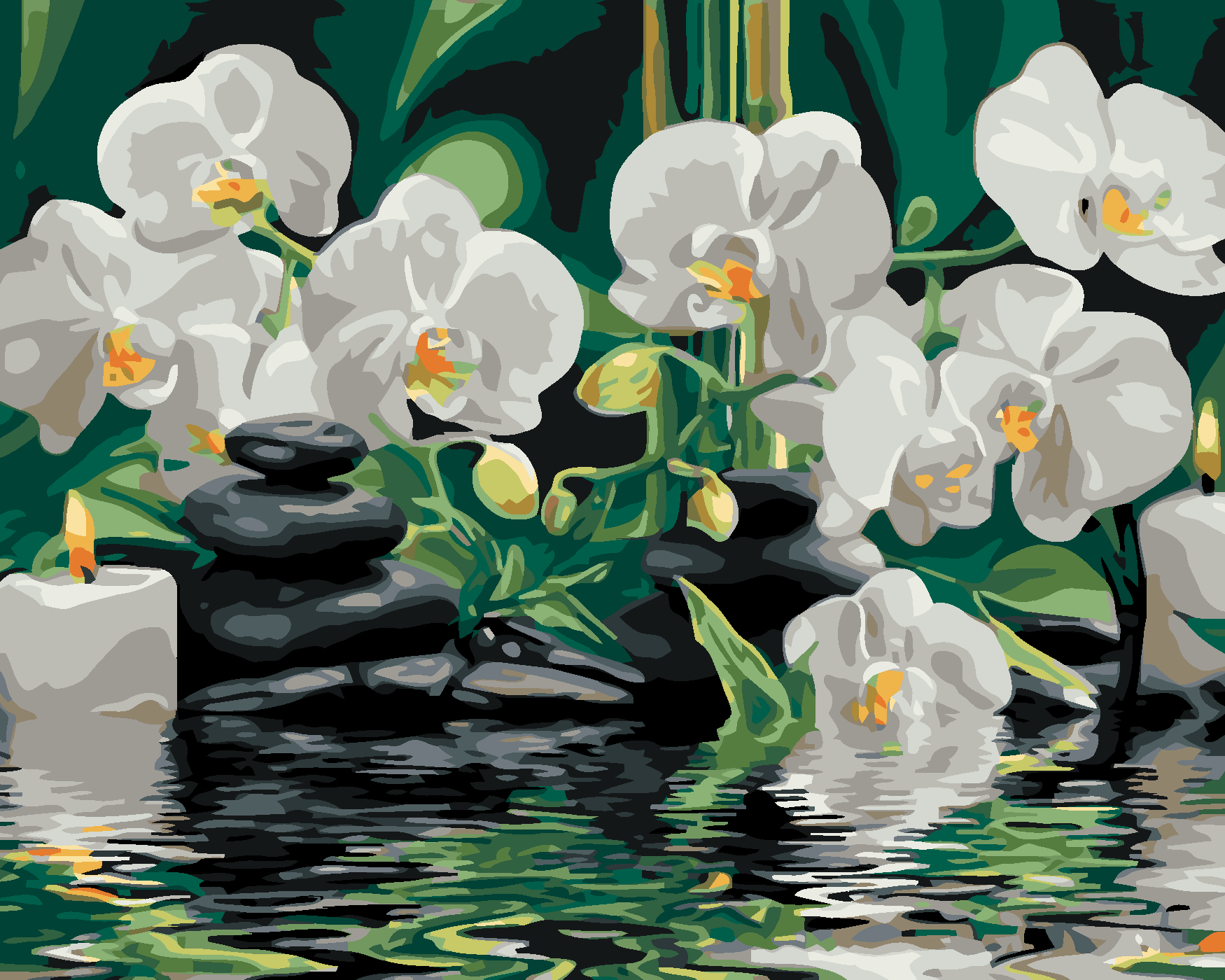 Malování podle čísel - ORCHIDEJE A LÁVOVÉ KAMENY Rozměr: 40x50 cm, Rámování: bez rámu a bez vypnutí plátna