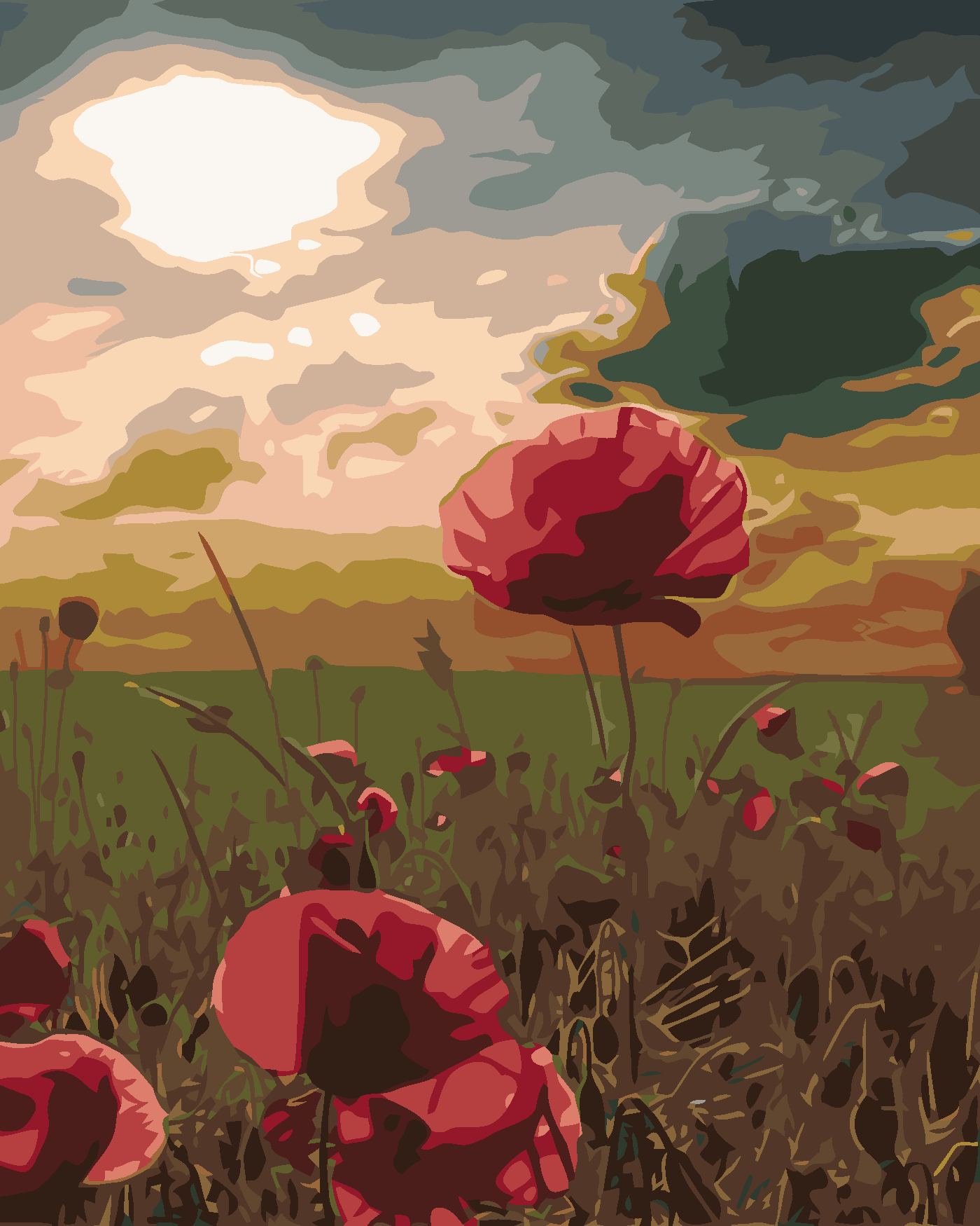Malování podle čísel - VLČÍ MÁKY A ZÁPAD SLUNCE Rozměr: 80x100 cm, Rámování: vypnuté plátno na rám