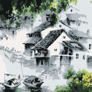 Malování podle čísel - DOMY V JAPONSKU A VODA Rozměr: 80x100 cm, Rámování: bez rámu a bez vypnutí plátna