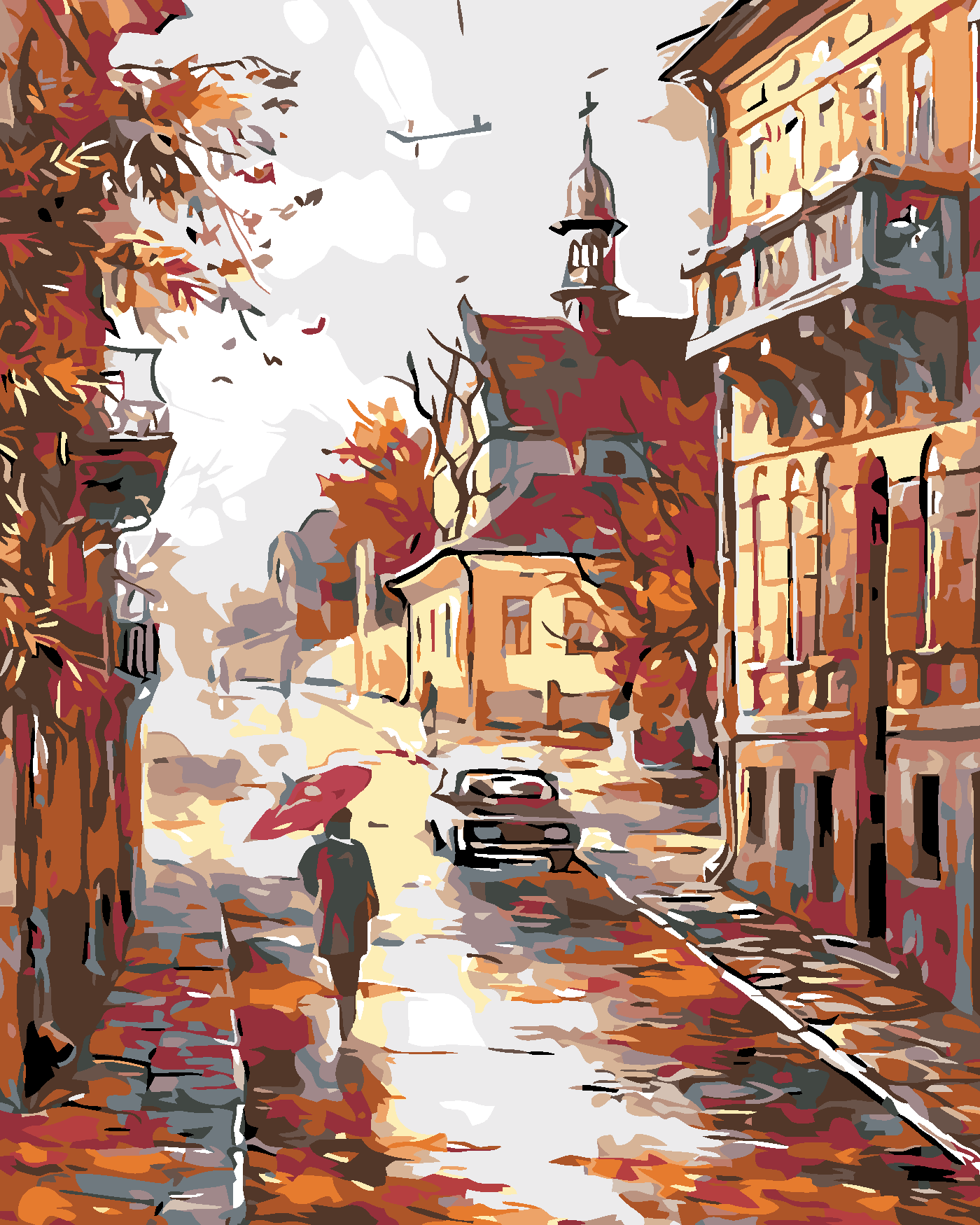 Malování podle čísel - PODZIMNÍ ULICE NA KONCI MĚSTA Rozměr: 80x100 cm, Rámování: bez rámu a bez vypnutí plátna