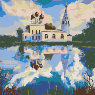 Malování podle čísel - KOSTELÍK U RYBNÍKA Rozměr: 40x50 cm, Rámování: vypnuté plátno na rám