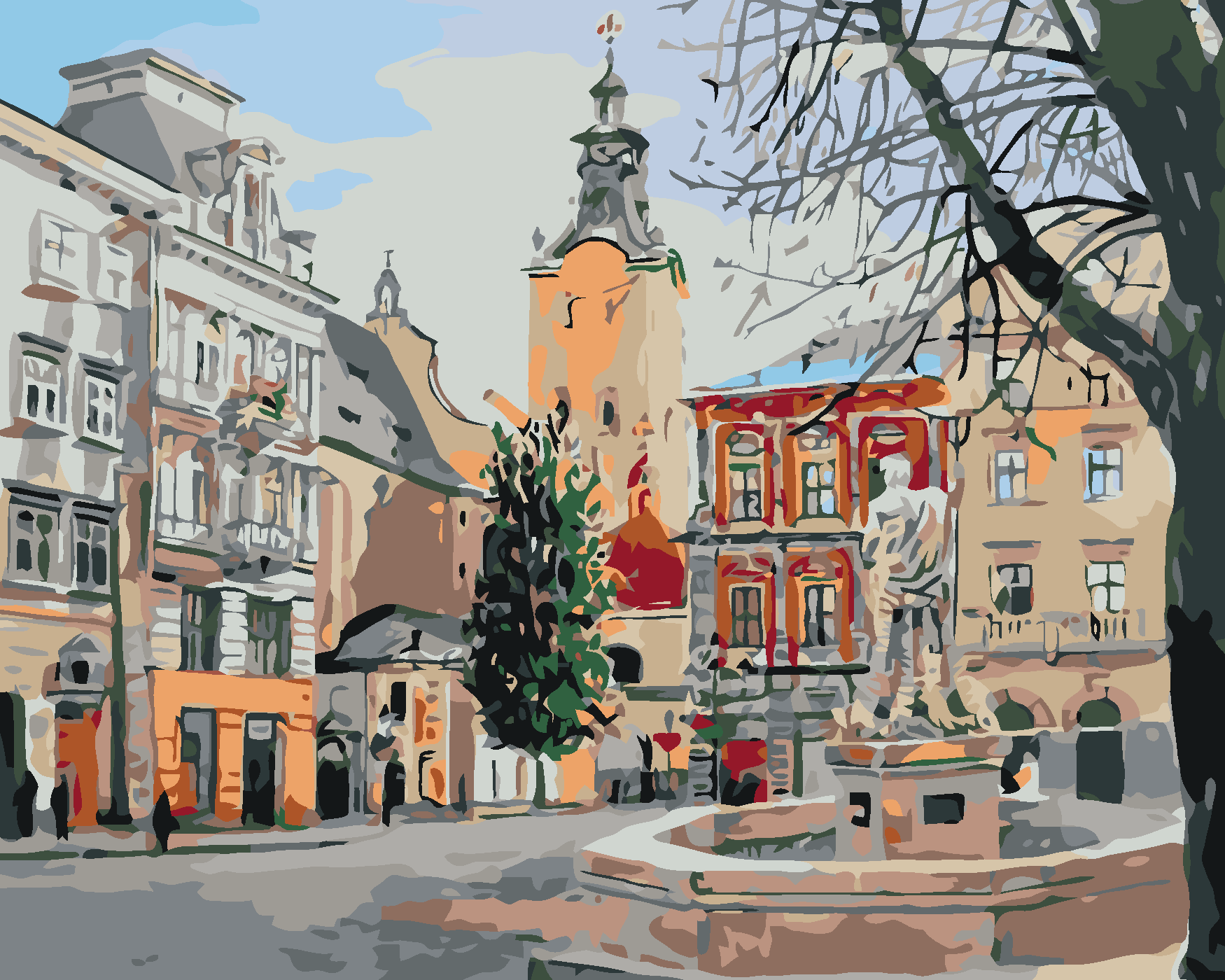 Malování podle čísel - KAŠNA NA NÁMĚSTÍ Rozměr: 80x100 cm, Rámování: vypnuté plátno na rám