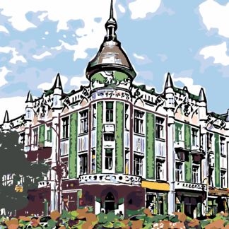 Malování podle čísel - BUDOVA NA ROHU ULICE Rozměr: 80x100 cm, Rámování: vypnuté plátno na rám