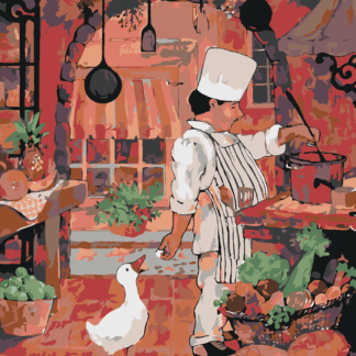 Malování podle čísel - KUCHAŘ KRMÍCÍ HUSU Rozměr: 80x100 cm, Rámování: bez rámu a bez vypnutí plátna