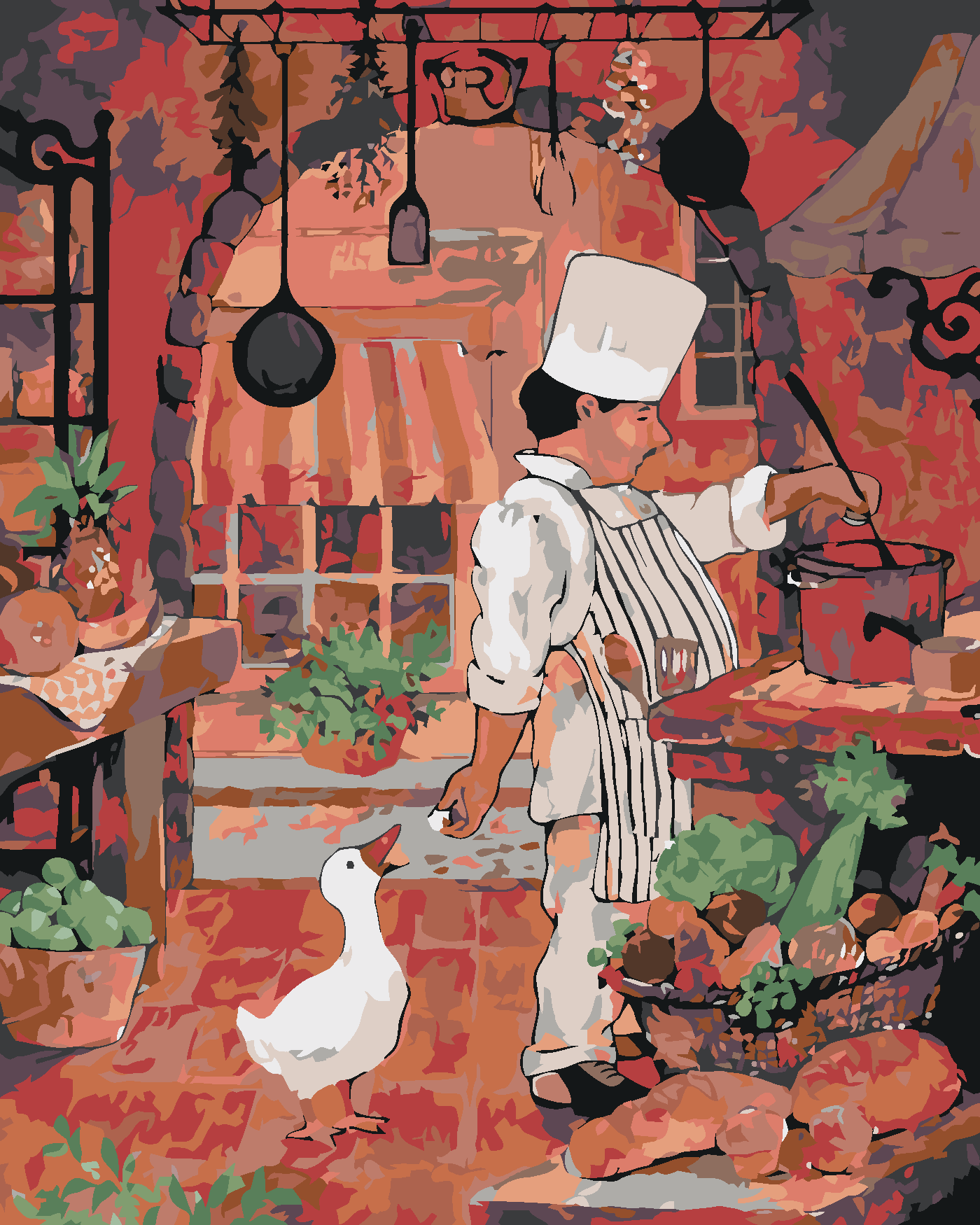 Malování podle čísel - KUCHAŘ KRMÍCÍ HUSU Rozměr: 80x100 cm, Rámování: bez rámu a bez vypnutí plátna