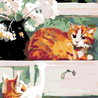 Malování podle čísel - KOČKY POD OKNEM Rozměr: 40x50 cm, Rámování: bez rámu a bez vypnutí plátna