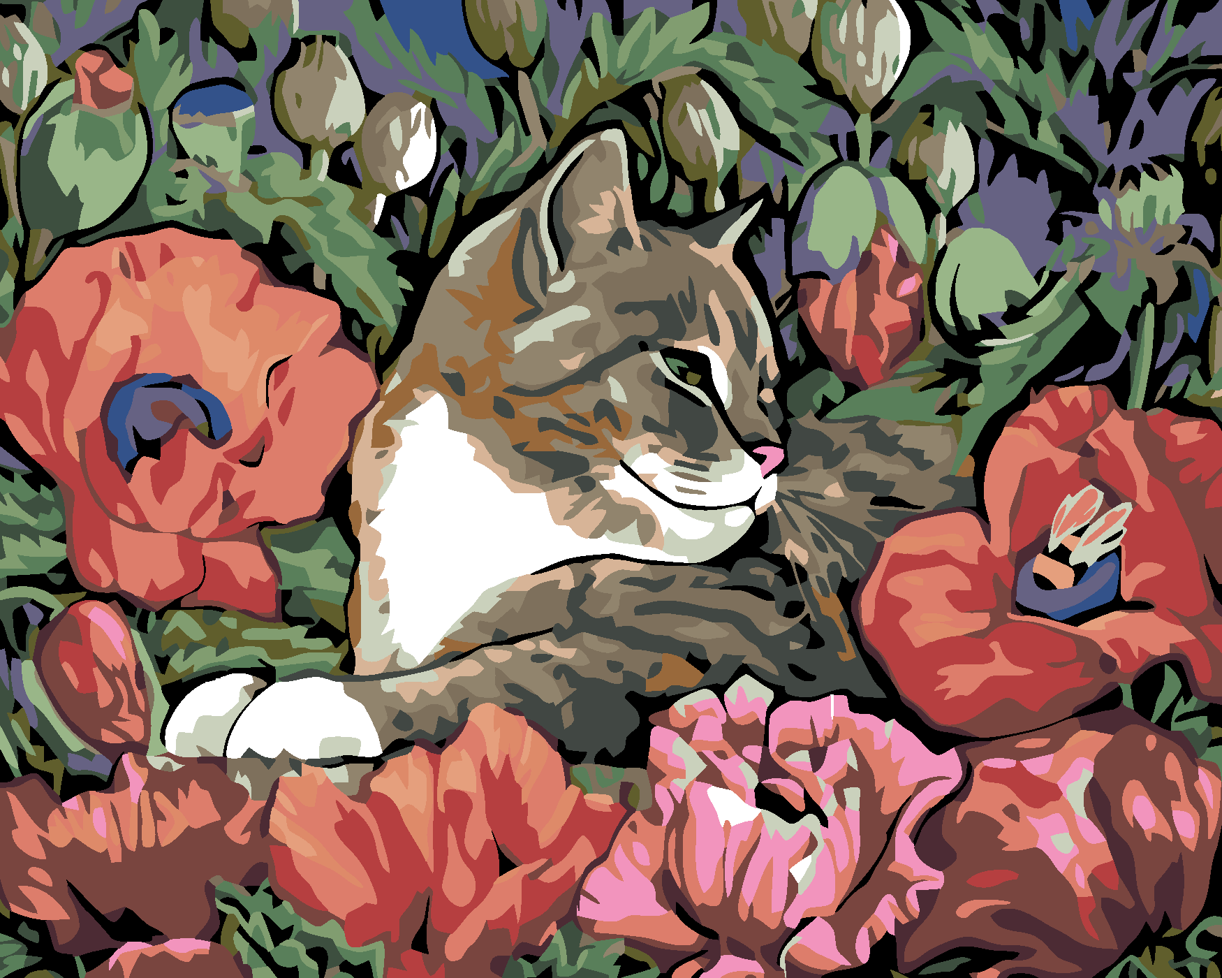 Malování podle čísel - KOTĚ A VLČÍ MÁK Rozměr: 40x50 cm, Rámování: bez rámu a bez vypnutí plátna
