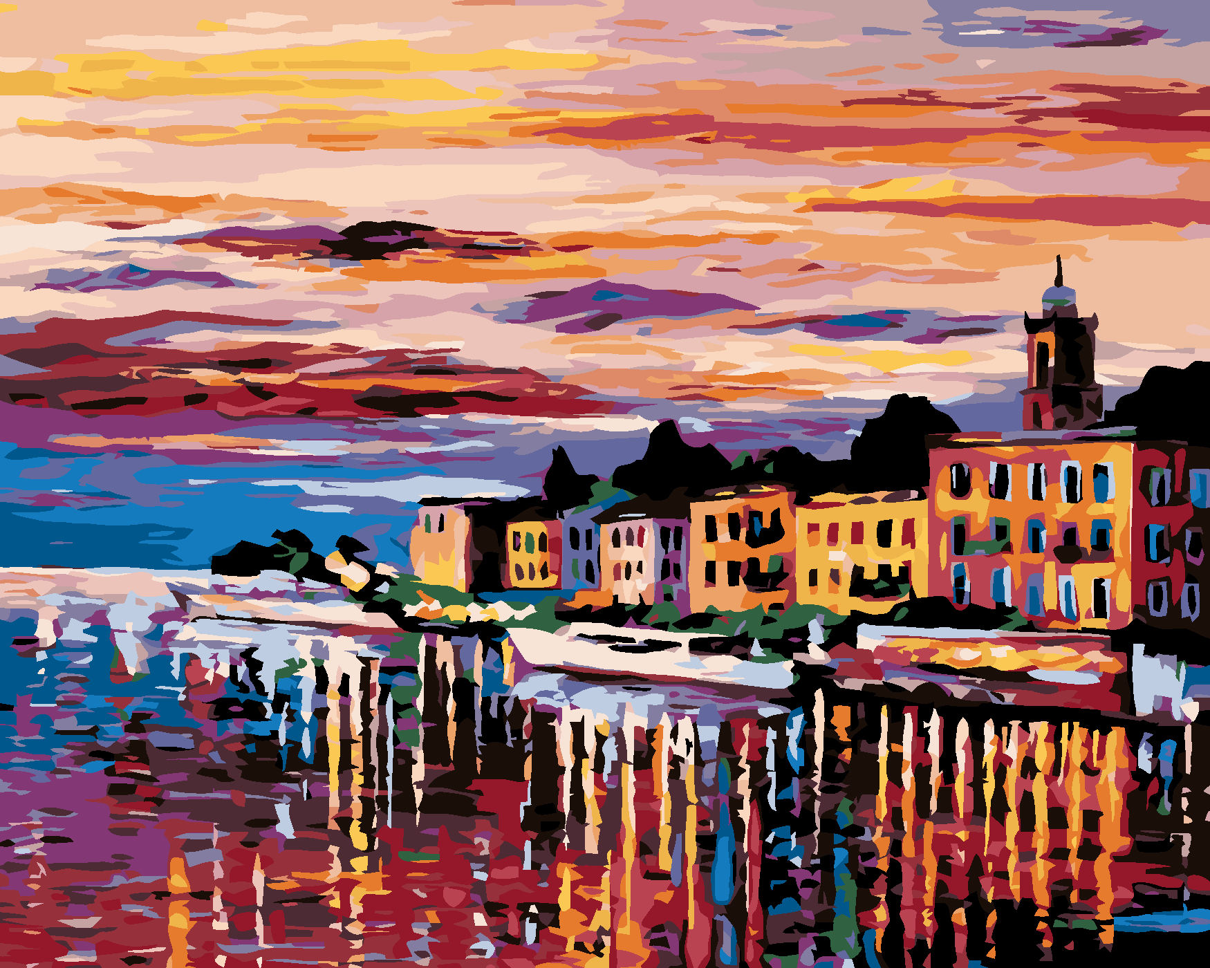 Malování podle čísel - MĚSTO U ŘEKY Rozměr: 40x50 cm, Rámování: vypnuté plátno na rám