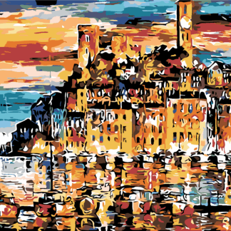 Malování podle čísel - MĚSTEČKO NAD MOŘEM Rozměr: 40x50 cm, Rámování: vypnuté plátno na rám