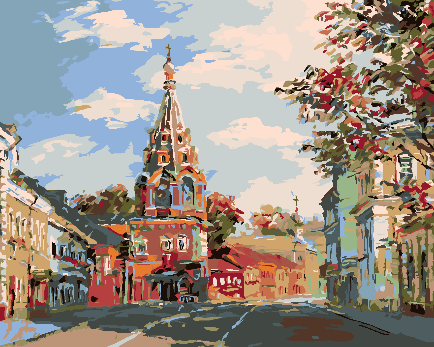 Malování podle čísel - KOSTELÍK NA PŘEDMĚSTÍ Rozměr: 80x100 cm, Rámování: vypnuté plátno na rám