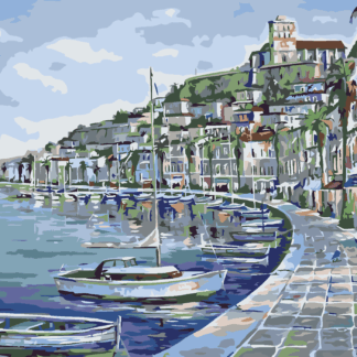 Malování podle čísel - MĚSTEČKO NA POBŘEŽÍ Rozměr: 80x100 cm, Rámování: vypnuté plátno na rám