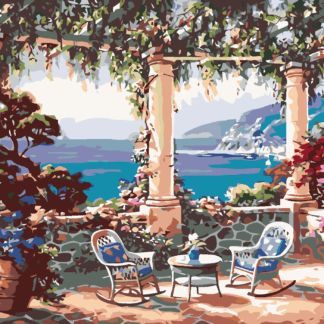 Malování podle čísel - POSEZENÍ S VÝHLEDEM NA MOŘE Rozměr: 80x100 cm, Rámování: bez rámu a bez vypnutí plátna