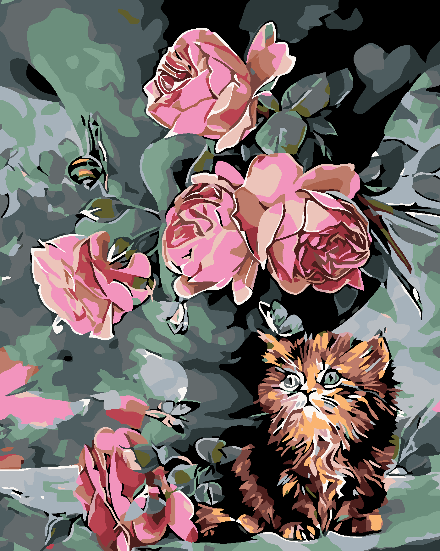 Malování podle čísel - MALÉ KOTĚ MEZI KVĚTY Rozměr: 80x100 cm, Rámování: bez rámu a bez vypnutí plátna