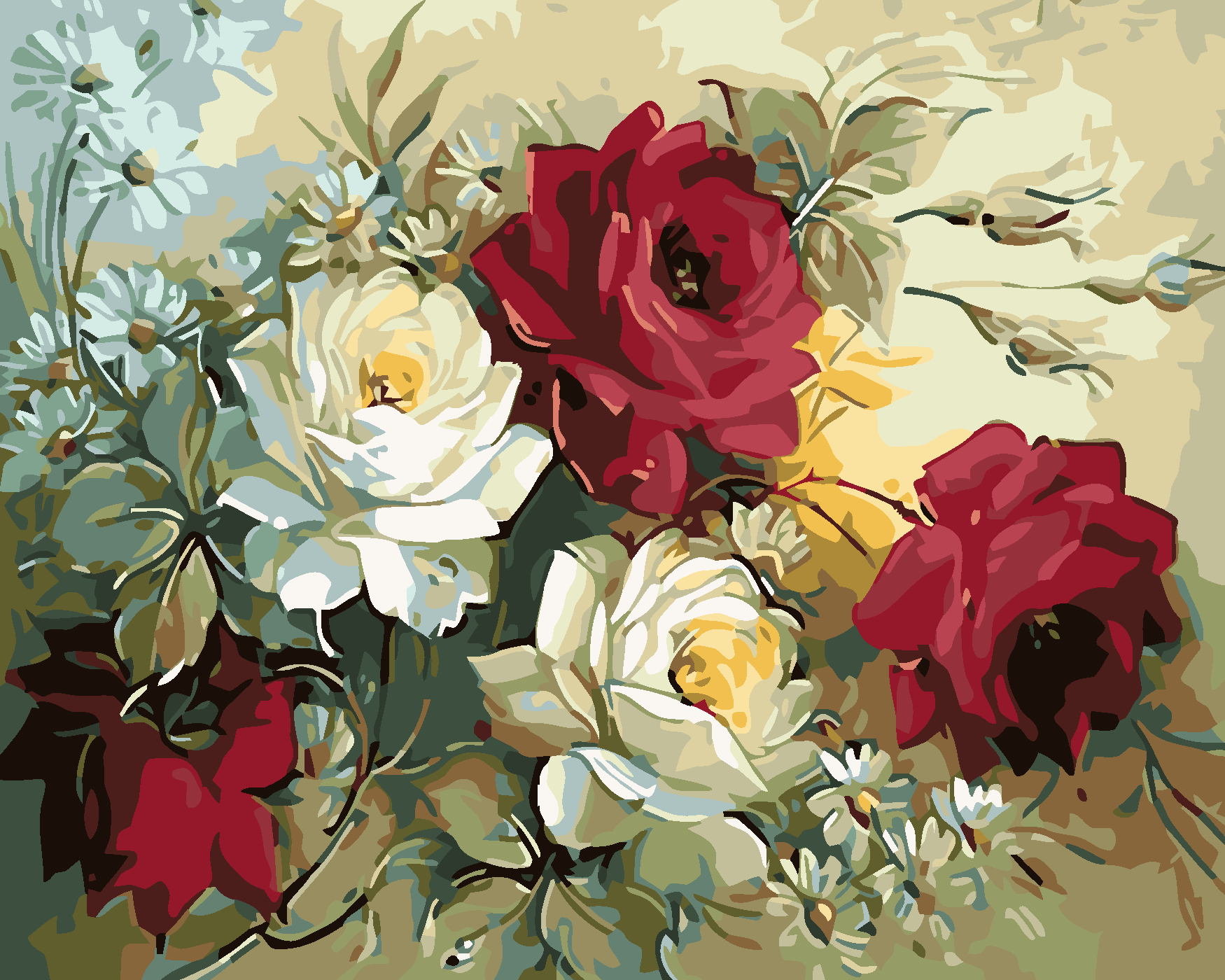 Malování podle čísel - KYTICE MALOVANÝCH RŮŽÍ Rozměr: 80x100 cm, Rámování: bez rámu a bez vypnutí plátna
